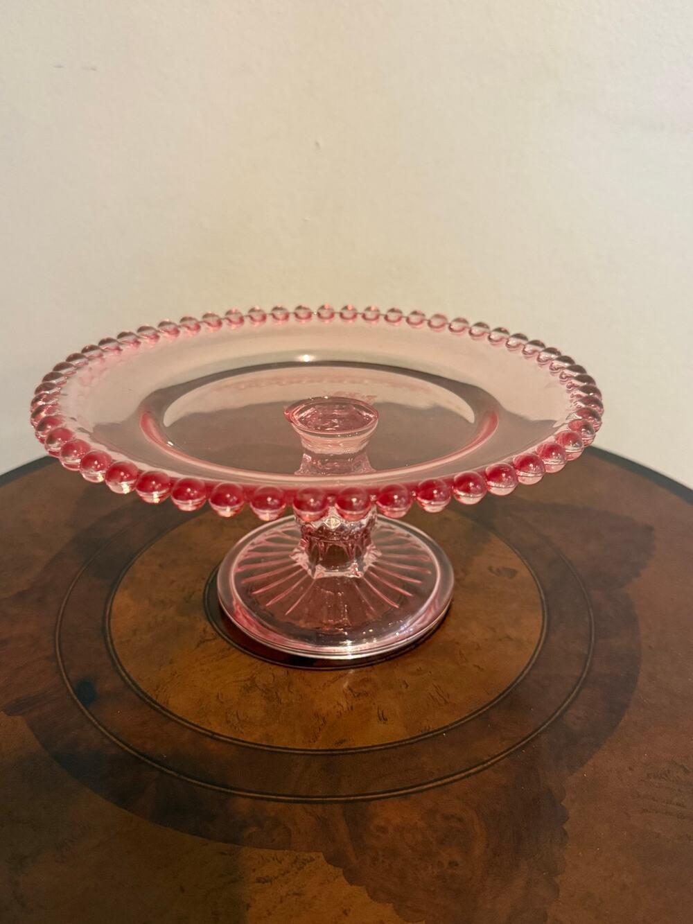 Vintage Pink Glass Pedestal Cake Stand Beaded Rim Plate Candlewick Style